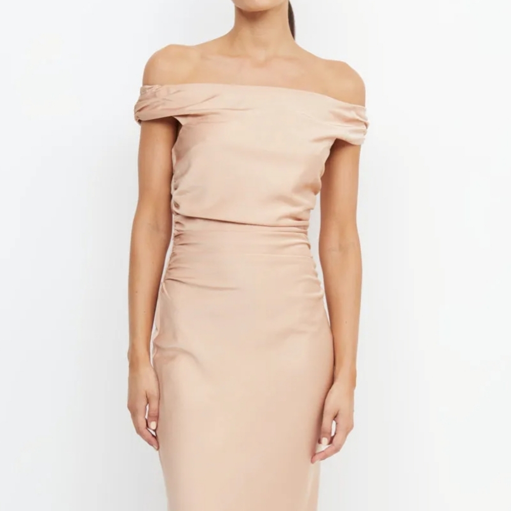 Bec & Bridge Off Shoulder Satin Dress Rose Gold Maxi Gown New With Tags Size 8